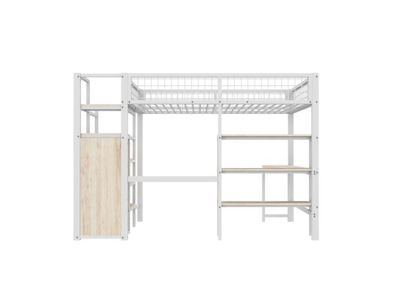 Lit mezzanine blanc 140x200 cm en métal avec bureau, étagères et armoire intégrée - Conforama A