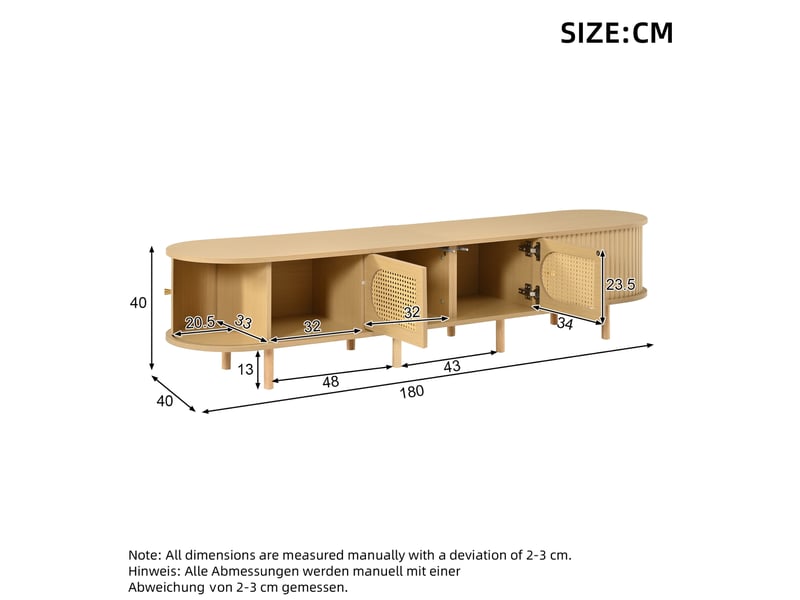  Meuble tv avec portes effet rotin 180x40x40 cm coloris bois clair  - Conforama C