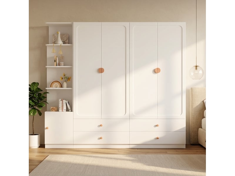  Armoire à portes battantes avec 3 tringles, 4 tiroirs et rangement ouvert pour chambre en blanc 225 × 45 × 200 cm  - Conforama A