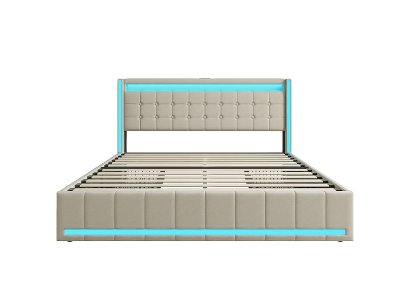  Lit 140 x 200 avec sommier,lit double 140 x 200, 4 tiroirs de rangement, bandeau led port usb, revêtement tissu lin, beige  - Conforama A