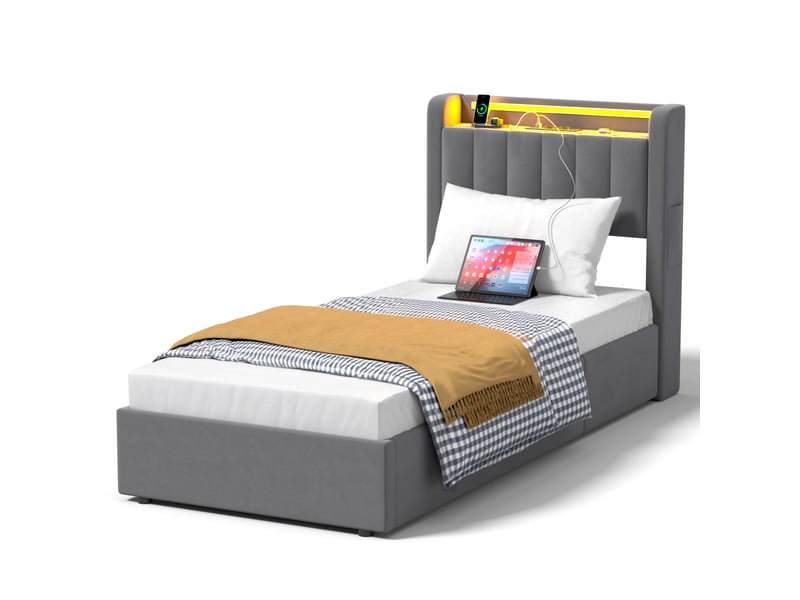 Lit coffre 90x200 cm gris en velours avec coffre hydraulique, led et ports usb intégrés  - Conforama A