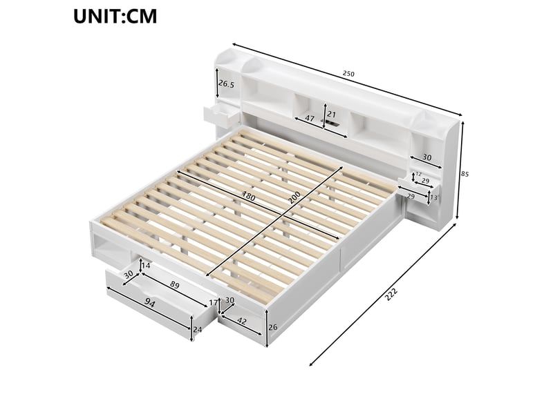  Cadre de lit double 180x200 avec rangements, led et usb homvra  - Conforama E