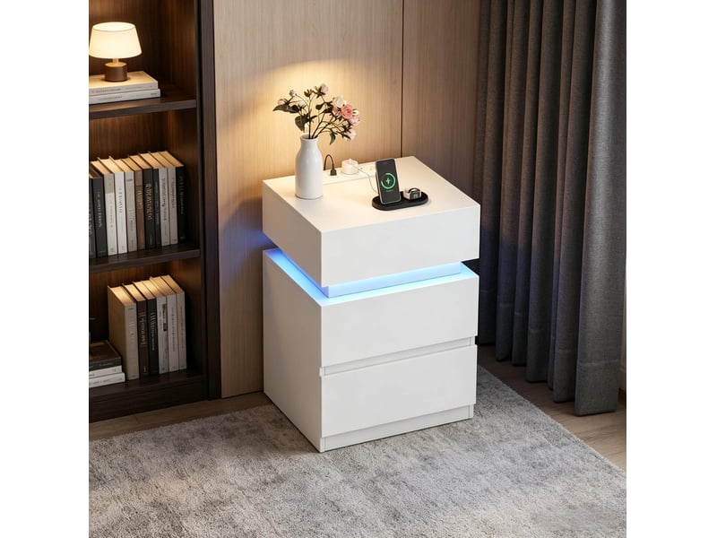 Table de chevet 35x40x55 cm avec éclairage led réglable bois blanc - Conforama C