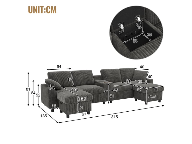 Canapé en u modenvie 4 places en velours côtelé gris avec 2 poufs de rangement et table centrale 315 x 135 x 81 cm - Conforama C