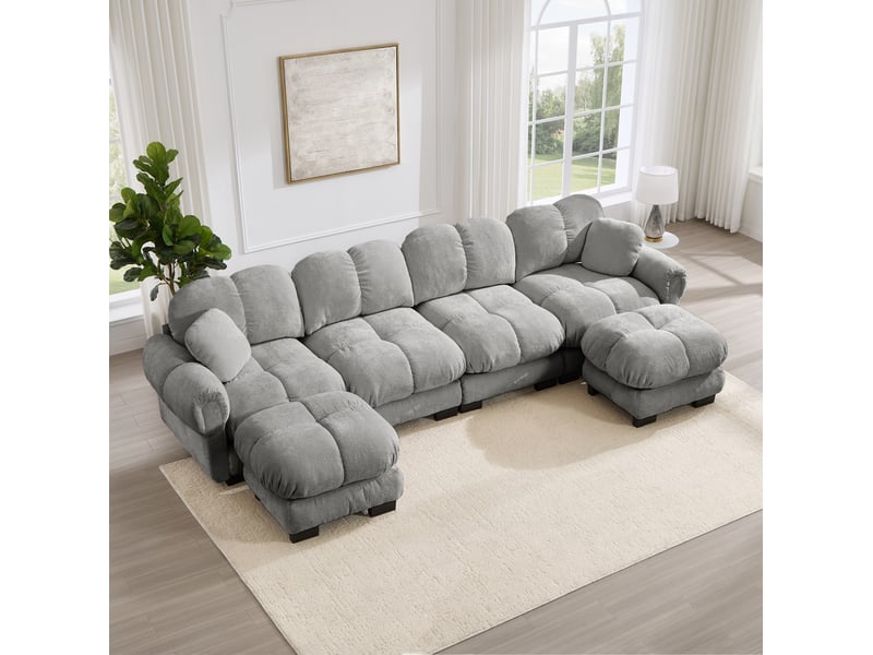  Canapé d’angle u modulable 4 places 330x149x90 cm, design capitonné, 2 poufs déplaçables, revêtement en chenille, gris clair  - Conforama B