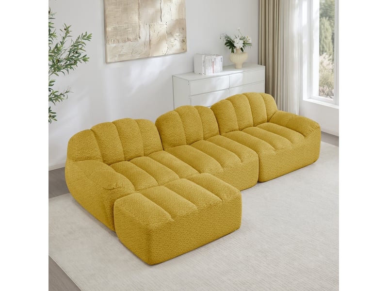  Canapé d'angle modulable 3 places avec ottomane en tissu bouclette jaune  - Conforama C