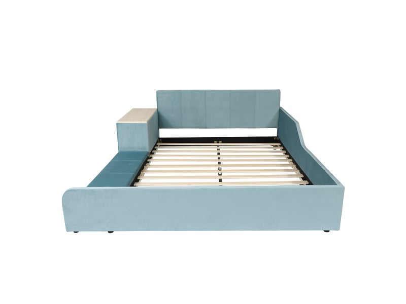  Cadre de lit double 140x200 cm ado avec bureau d'étude intégré tabouret étagères velours bleu  - Conforama E