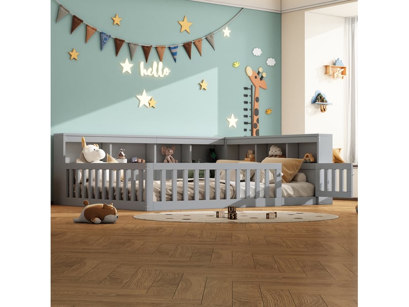 Lit enfant 140x190cm, sommier, garde-corps, tête de lit, port usb, rangement inclus, aggloméré, gris, sans matelas - Conforama E