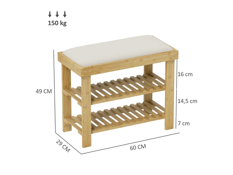  Banc à chaussures en bambou avec coussin, étagère à chaussures à 2 niveaux pour entrée ou chambre, 60 x 29 x 49 cm, crème  - Conforama E