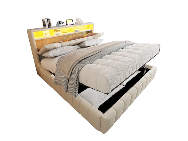  Lit coffre 180x200 cm avec led, usb et usb-c, tête de lit avec rangement beige  - Conforama A