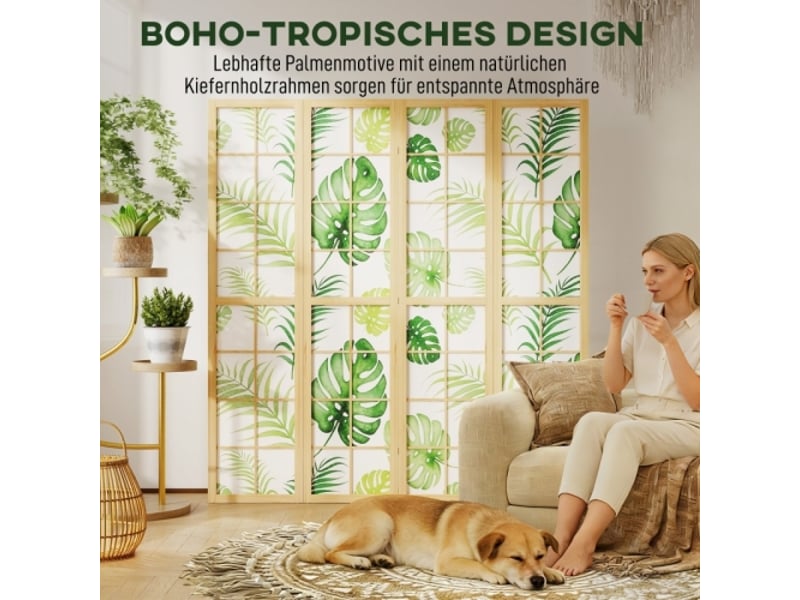Paravent 4 Panneaux Pliable Style Bohème Motif Tropical Cadre en Bois Vert, Séparateur de Pièce Décoratif - Conforama B