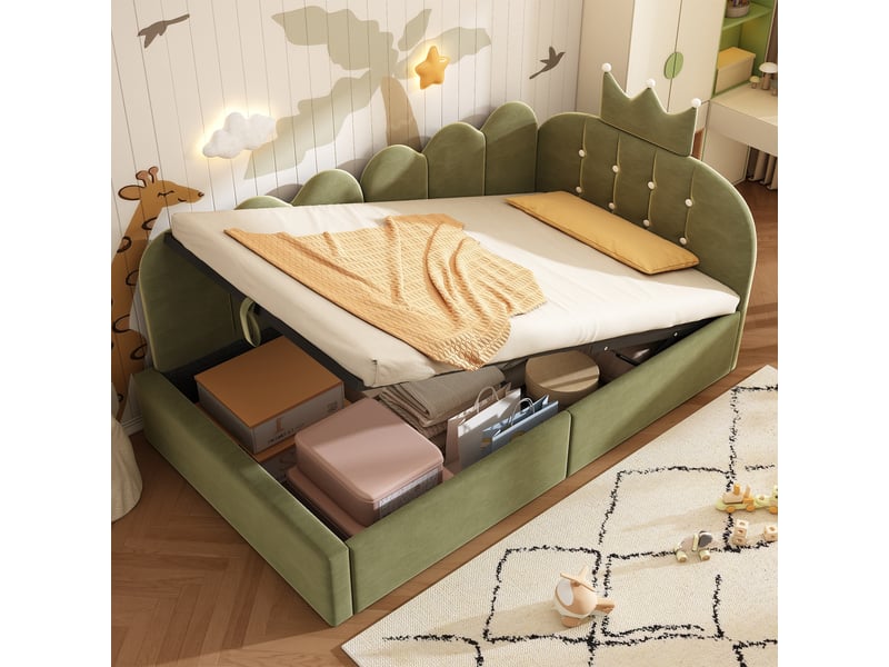  Lit coffre 90x200 cm avec sommier relevable hydraulique, sans matelas, vert  - Conforama E