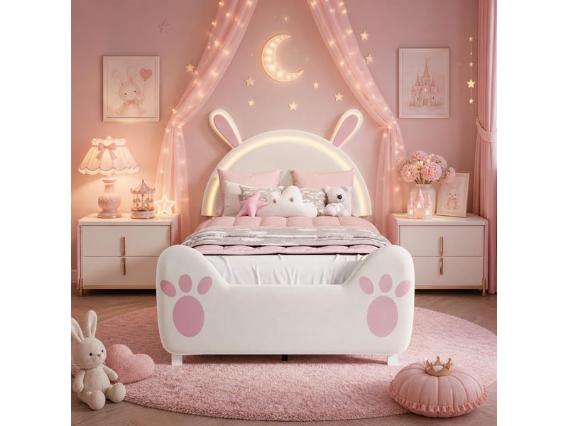  Lit jeune fille 140x200 cm cadre de lit rembourré en velours, tête de lit oreilles de lapin avec éclairage rgb, lit enfant avec pied de lit anti-chute  - Conforama B