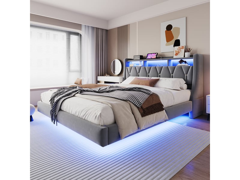  Lit double rembourrés 180x200 cm avec éclairage led, cadre de lit 2 personnes en gris, tête de lit rabattable avec prise électrique  - Conforama C