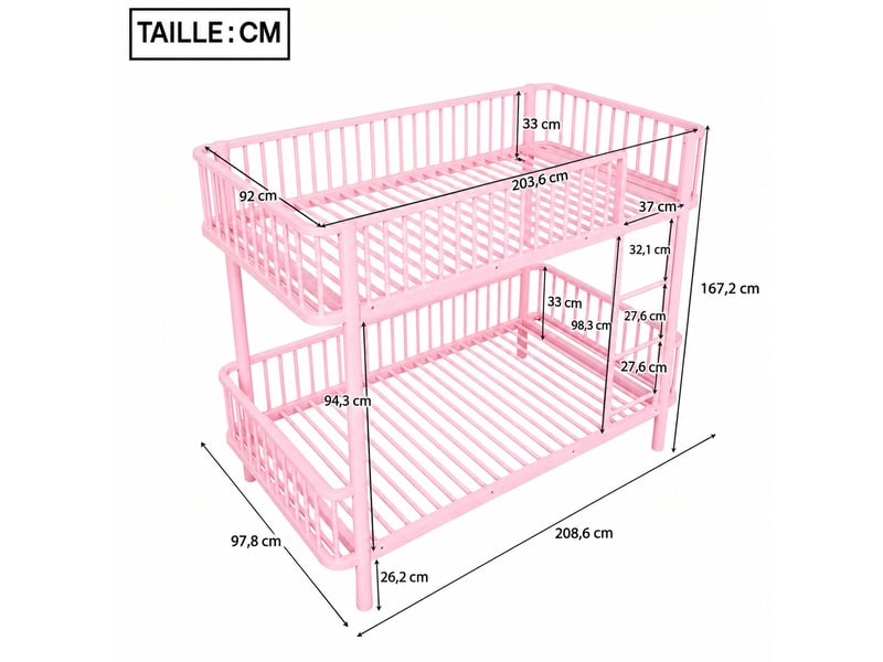  Lit superposé métallique 90 x 200 cm gain de place - rose, coins arrondis et barrières  - Conforama C