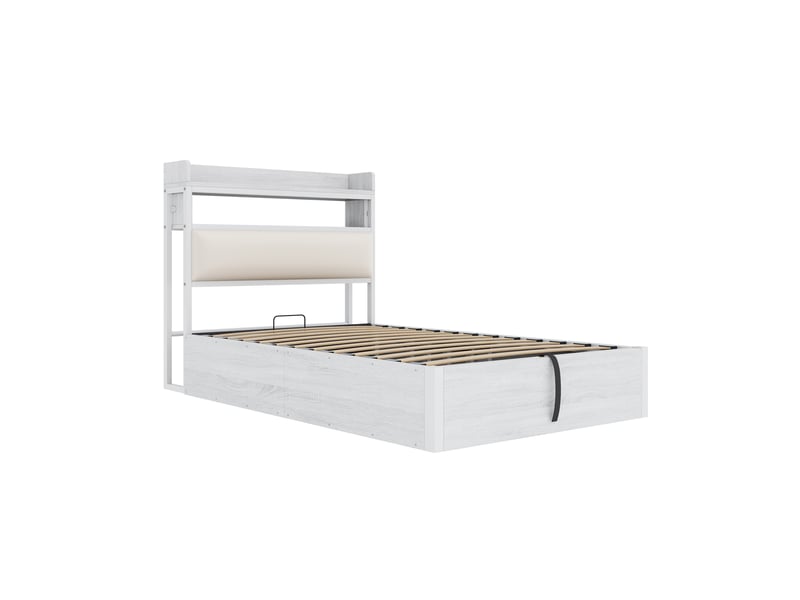 Lit 90x200 cm coffre hydraulique, tête rembourrée, usb – design bois et métal blanc, rangement pratique - Conforama A