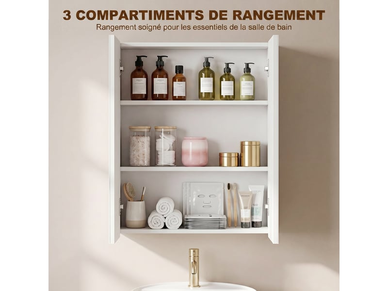 Armoire avec miroir en bois rangement salle de bain fermeture porte tampon mdf  - Conforama D