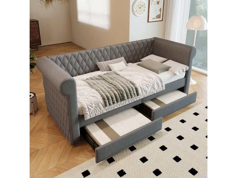  Lit enfant 90x200 cm, lit simple avec 2 tiroirs, cadre de lit avec sommier à lattes en bois et tête de lit, en lin, gris, sans matelas  - Conforama B