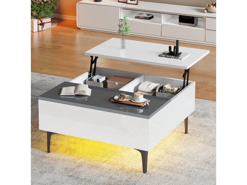  Table basse plateau relevable 70x70 cm blanc brillant avec éclairage led et espace de rangement caché  - Conforama B