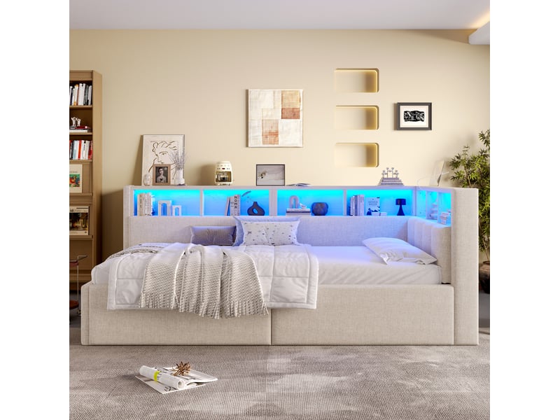  Modenvie lit de jour 90x200 cm - avec led multicolore, rangements et ports usb-c - sans matelas - beige  - Conforama B