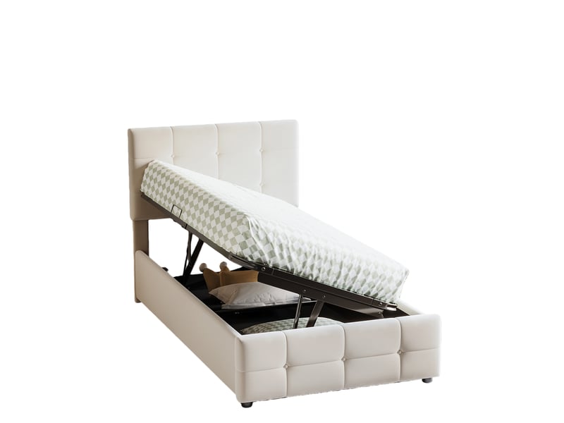  Lit coffre 90x200 cm simple capitonné avec espace de rangement et coffre hydraulique, lit velours beige  - Conforama A