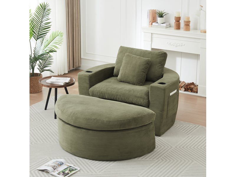 Fauteuil 1 place avec repose-pieds amovible en velours côtelé vert evryae - Conforama B