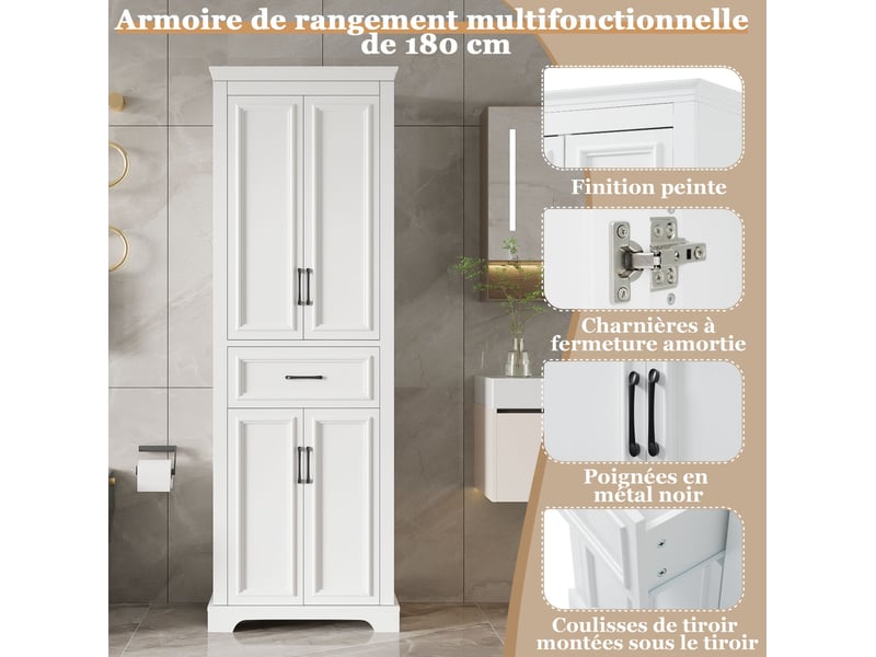  Meuble de salle de bain moderne 60x40x180 cm, portes, tiroir, tablettes réglables, armoire de rangement, mdf blanc  - Conforama D