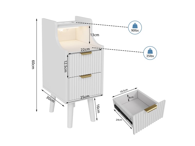  Lot de 2 tables de chevet 25x30x66cm 2 tiroirs, avec station de charge et led, bout de canapé en bois, moderne, blanc  - Conforama E
