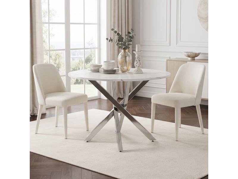  Table de salle à manger ronde en mdf aspect marbre pour cuisine 80×80×75 cm blanc et argent  - Conforama D