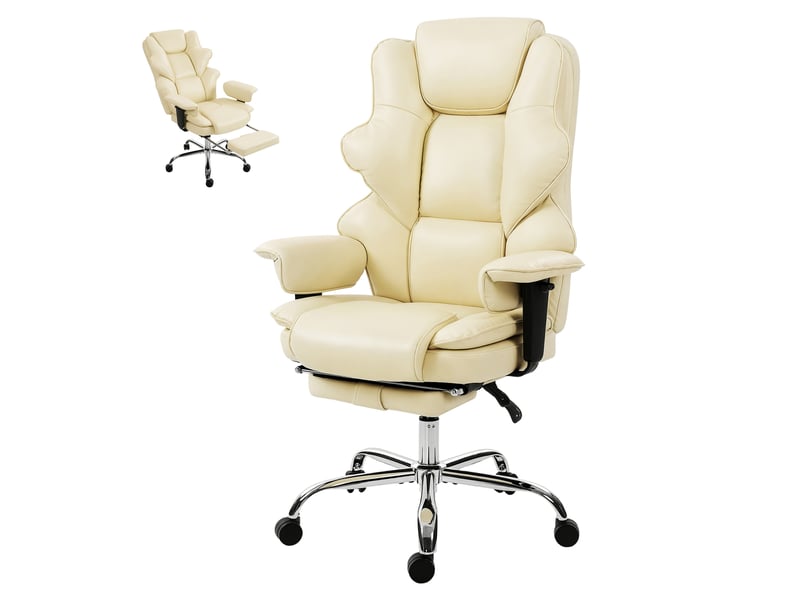  Chaise de bureau avec repose-pieds et appuie-tête intégré, similicuir, inclinable, crème  - Conforama B
