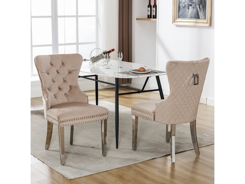  Chaise de salle à manger rembourrée avec dossier capitonné et pieds métalliques réglables, en velours beige  - Conforama B