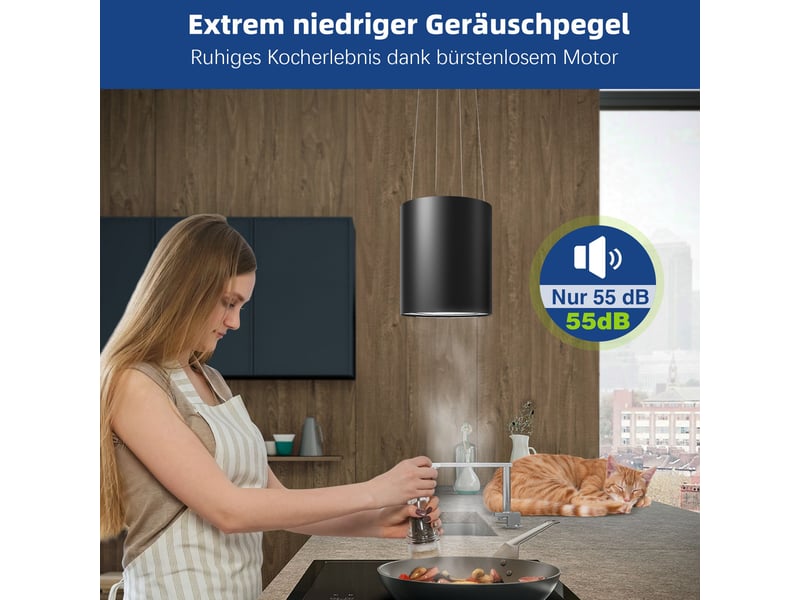 Hotte aspirante îlot à recyclage noire 35 cm, 700 m³h, 3 vitesses, filtre à charbon actif et éclairage led, classe énergétique a+ - Conforama E