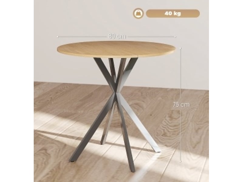  Table de salle à manger pour 2 personnes avec plateau rond et pieds en acier en x, style industriel, en bois, chêne  - Conforama D