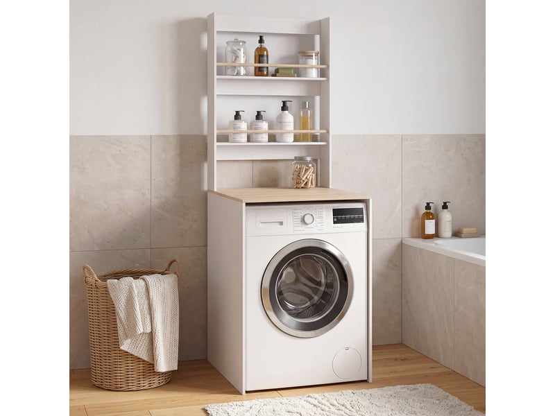 Table à langer évolutive ambre dessus machine à laver façon hêtre et blanc 2 étagères et plan à langer amovible - Conforama C