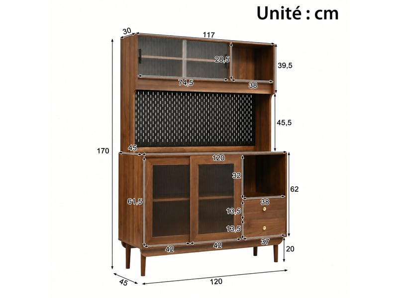 Meuble de cuisine muvano, buffet haut couleur noyer, 4 portes coulissantes en verre strié, 117 × 30 × 170 cm - Conforama W
