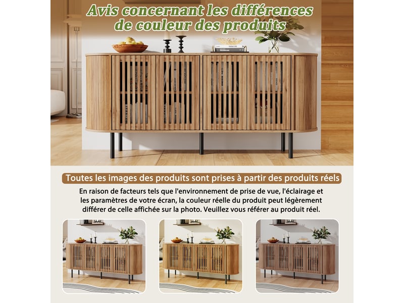  Buffet bois naturel 160 cm bahut 4 portes perforées meuble de rangement pieds métal  - Conforama R