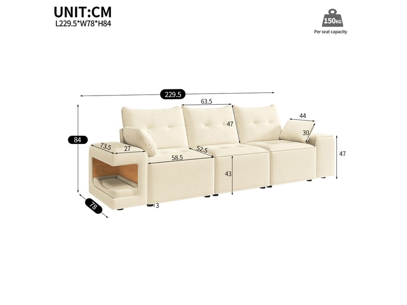  Canapé droit 3 places modulaire, velours beige avec accoudoirs larges, fonction rangement intégré &amp; niche animaux pour salon et appartement  - Conforama C