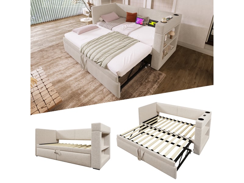 Lit gigogne enfant 90x200cm, canapé-lit, rangement, charge, sommiers, cotton lin beige, sans matelas - Conforama C