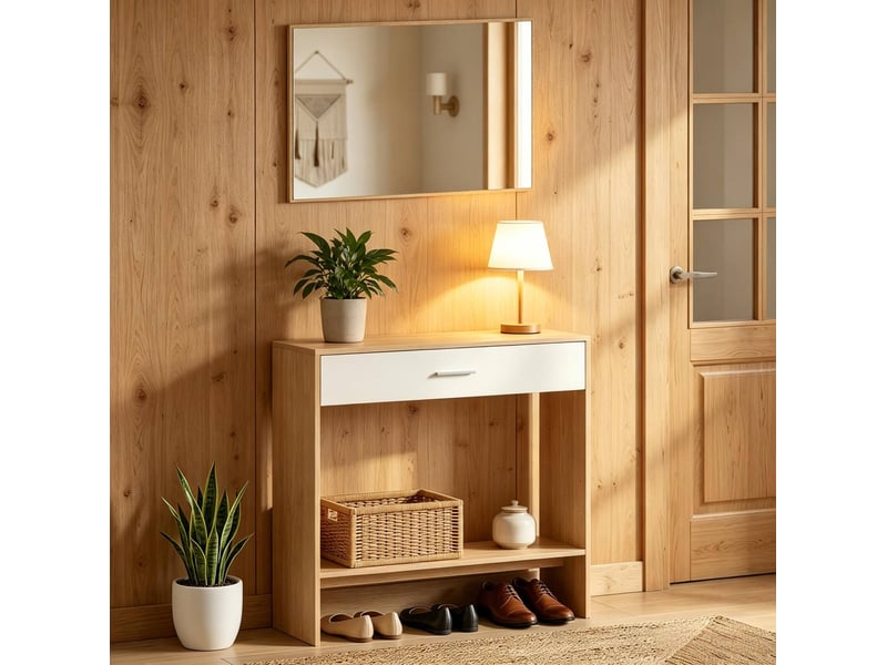  Table console de rangement avec miroir mural, tiroir et étagère, chêne clair et blanc  - Conforama E