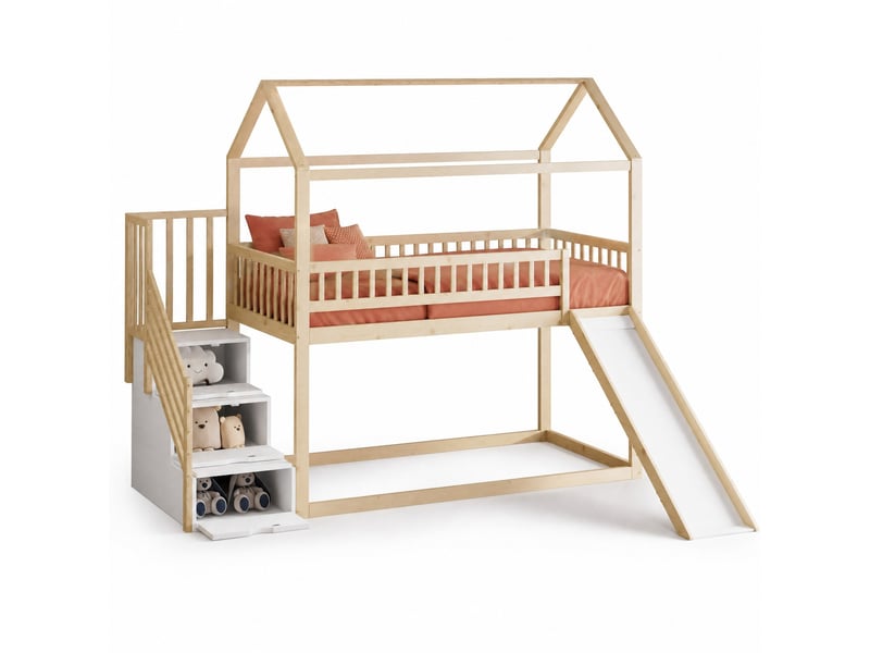  Lit mezzanine, 90x200 cm, avec toboggan, échelle aménagée garde corps haut, matelas non inclus, bois, coloris naturel  - Conforama A