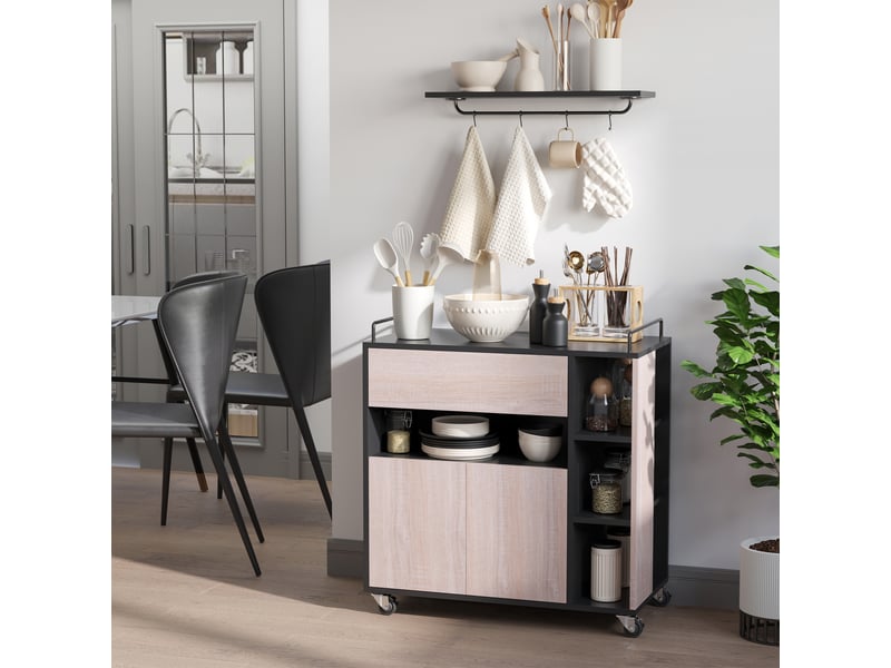  Chariot de cuisine moderne à roulettes avec tiroir et porte en bois de chêne dimensions 76,5x40x82cm  - Conforama B