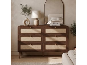 Commode 120x40x80 cm avec 6 tiroirs et façades effet rotin, coloris noyer