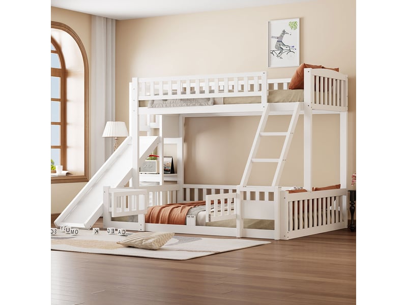  Lit superposé enfant 90x200 et 140x200 cm avec toboggan, échelle, blanc  - Conforama E