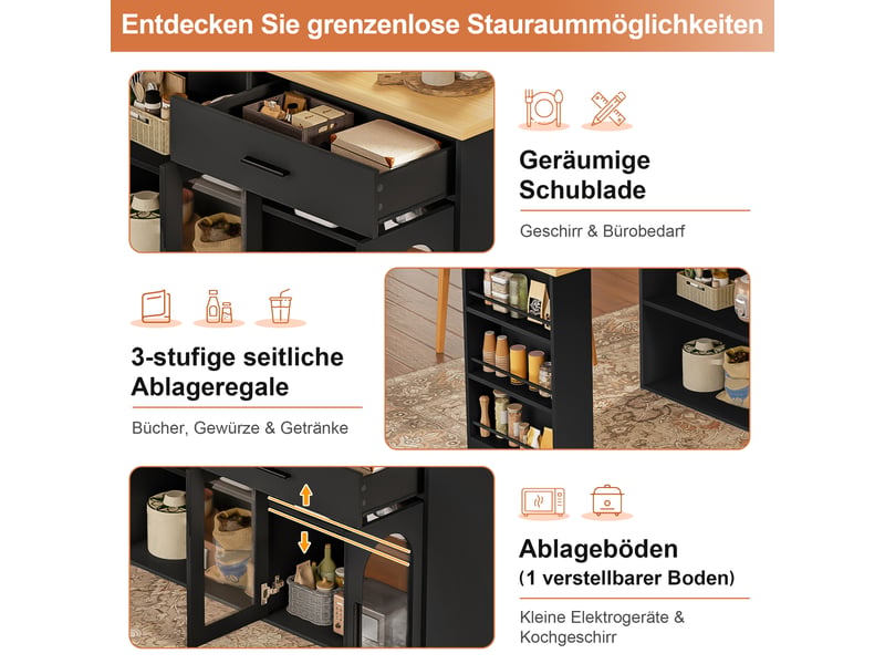 Îlot de cuisine noir et bois naturel en mdf, tiroir et étagères, format bar et buffet, rangement modulable, 136 × 50 × 78 cm - Conforama E