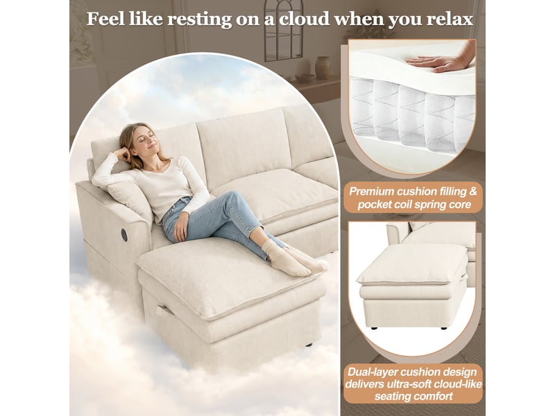 Canapé d’angle modulable 6 places 277x135x80 cm en ul avec 2 poufs mobiles avec rangement, usb et usb-c, 2 coussins, tissu coton-lin beige - Conforama E