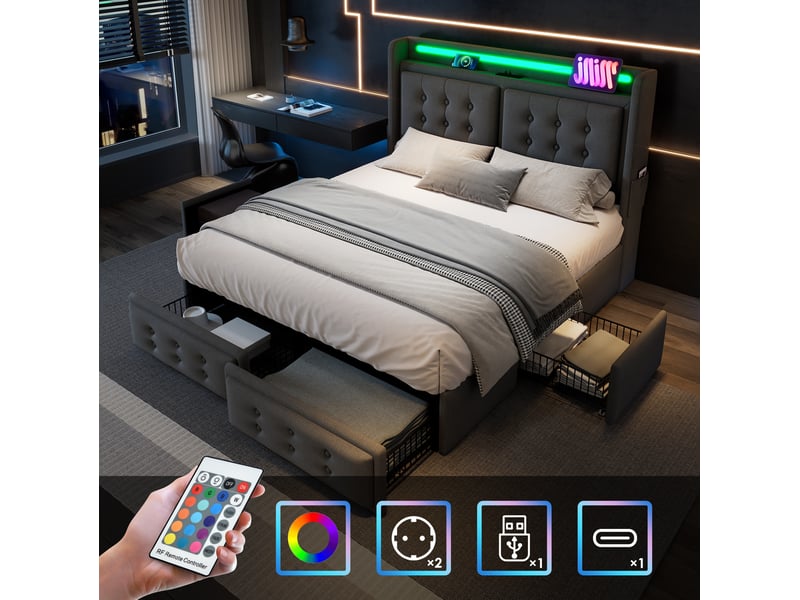  Lit 2 places 180x200 doté de tête de lit led intégré, sans matelas, gris, cadre en bois et métal, usb-c et 4 tiroirs  - Conforama D