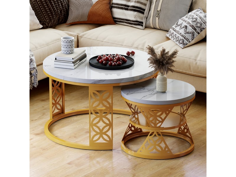  Lot de 2 tables basses blanc et doré avec motif marbre  - Conforama D