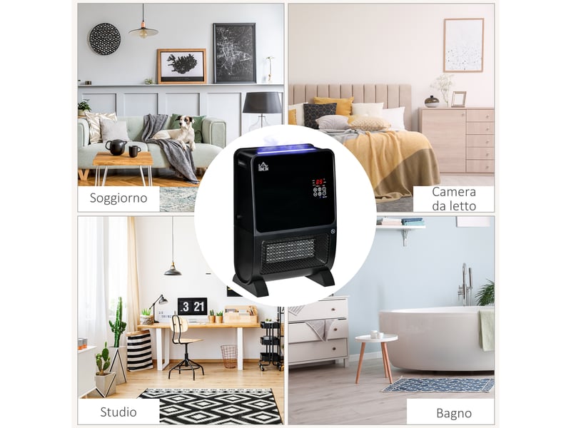  Chauffage électrique 2 en 1 avec humidificateur, lumière led 3 couleurs, minuterie et télécommande, 33 x 21 x 49,5 cm, noir  - Conforama B
