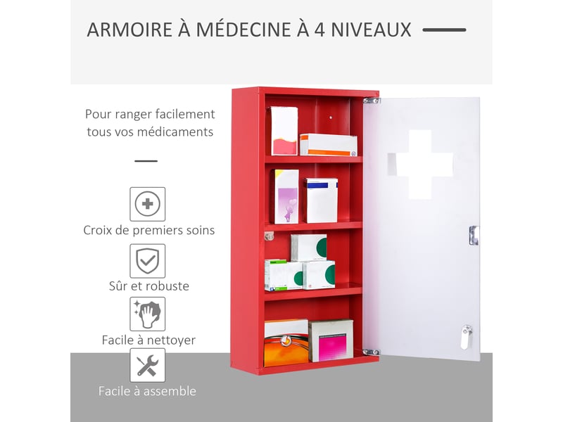 Armoire à pharmacie 3 étagères 4 niveaux verrouillable porte verre dépoli trempé logo croix 30l x 12l x 60h cm acier rouge - Conforama R