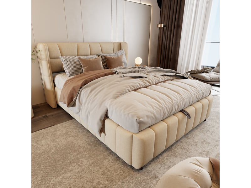  Lit coffre 140 x 200 cm avec rangement pneumatique, tête de lit capitonnée, sommier à lattes, lin beige  - Conforama D